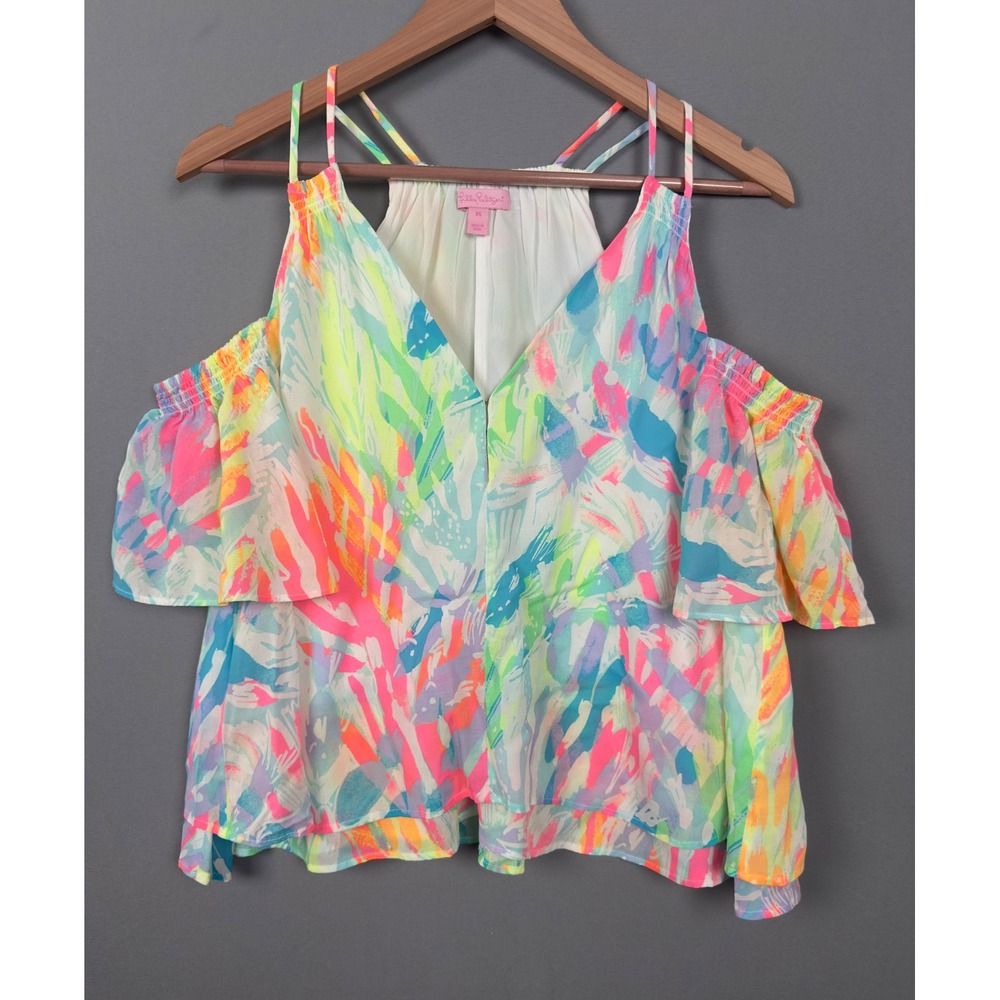 Lilly‎ Pulitzer XS Cold Shoulder Top Ruffle Bright Multicolor Tropical Blouse